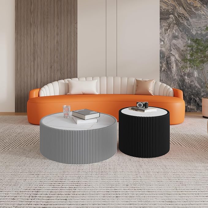 29.52" Round Marble Coffee Table, Modern Fluted Coffee Table w/White Sintered - Image 6