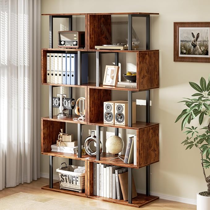 Furologee 6 Tier Bookshelf, Tall S Shaped Geometric Bookcase, Modern Display - Image 2