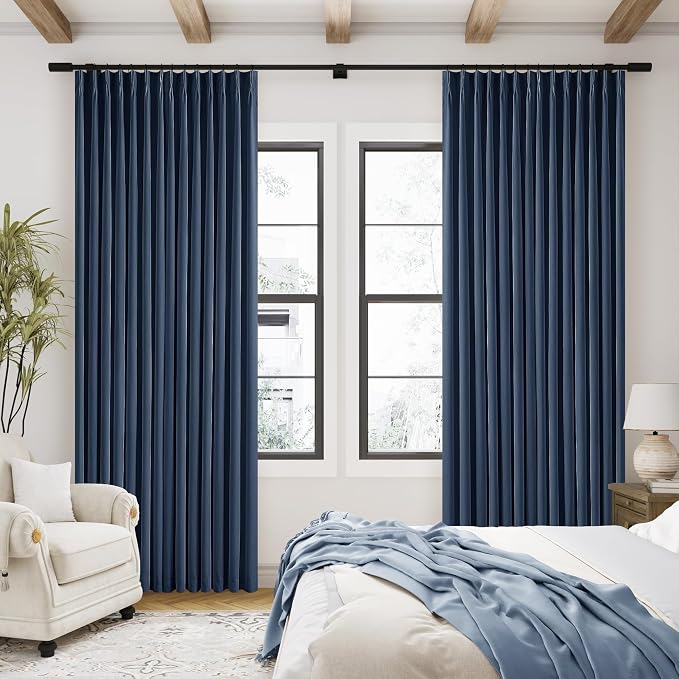 Dark Blue Pinch Pleated 100% Blackout Linen Bedroom Curtains 96 Inch Length | - Image 8