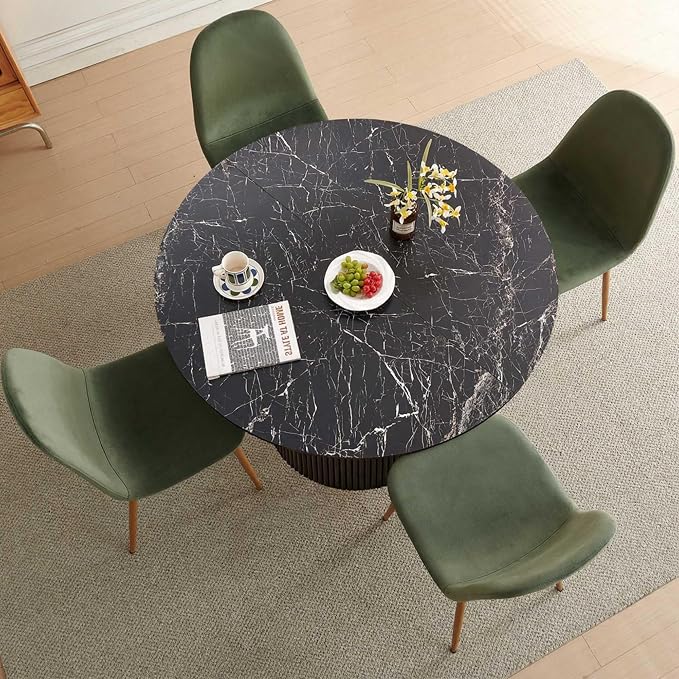 Dining Table Set for 4, Mid Century Modern 47 Inch Black Marble-Look Wooden - Image 6