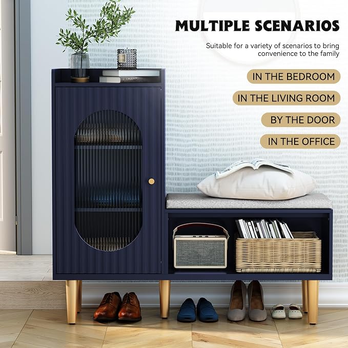 HLR Storage Bench with Glass Door&Shelf, Modern Entryway Shoe Cabinet Bench - Image 5