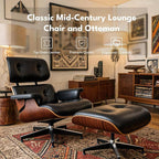 Top Black Grain Leather, Mid Century Chaise Lounge Chair and Ottoman, Leather - Image 4
