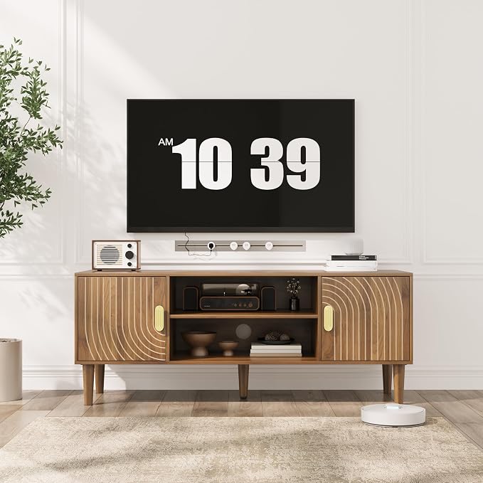 Smuxee Walnut TV Stand with Line Groove Design, 47.2" Mid Century Modern TV - Image 2
