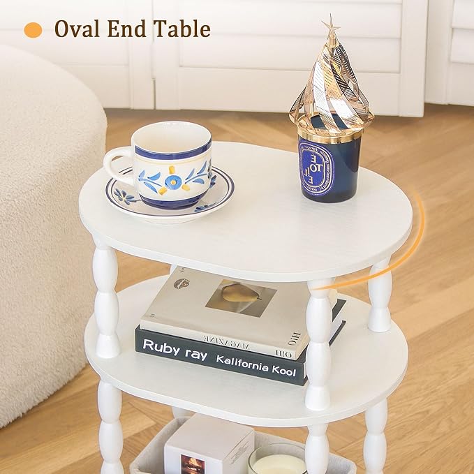 MaxSmeo White Side Table with Charging Station, 3-Tier Small Oval End Table - Image 6