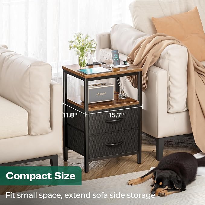 Huuger Nightstand with Charging Station, Side Table with Fabric Drawers - Image 6