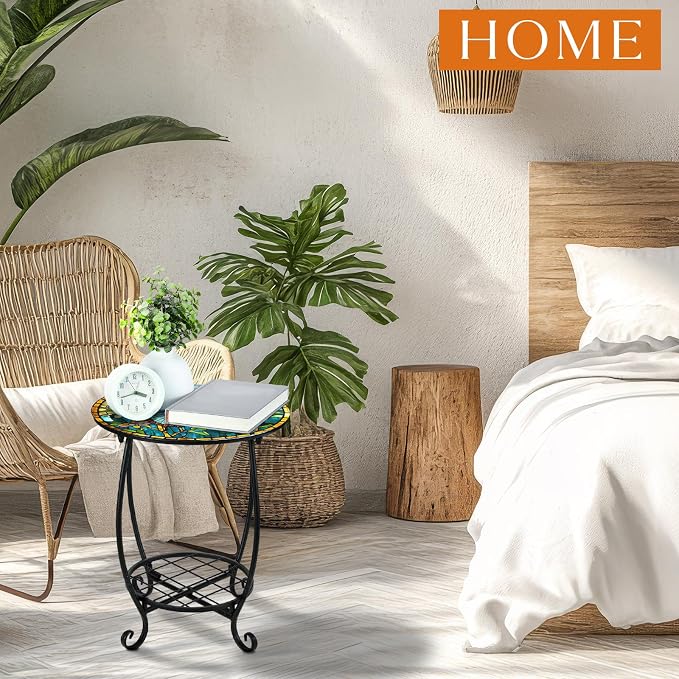 Cinnvoice Outdoor Side Table Round Small Mosaic Patio Accent Indoor End Plant - Image 2