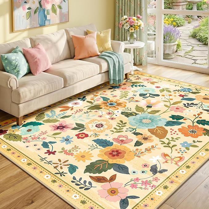 RELEANY Floral Washable 6x9 Area Rugs Ivory/Yellow | Flower Carpet Print Boho by RELEANY