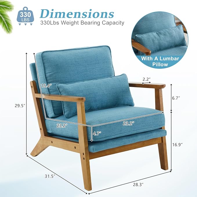 VINGLI Solid Wood Wide Armrests Accent Chair, Upholstered Mid Century Modern - Image 2