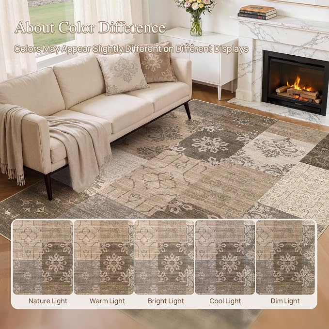 UERMEI 6x9 Area Rug for Living Room, Washable Brown Modern Geometric Patchwork - Image 6