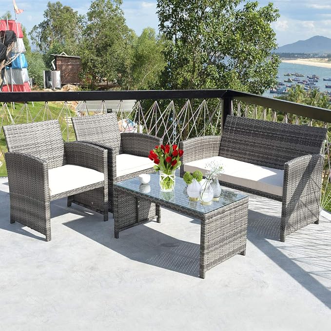 Tangkula 4 PCS Wicker Patio Conversation Set, Outdoor Rattan Sofas - Image 2
