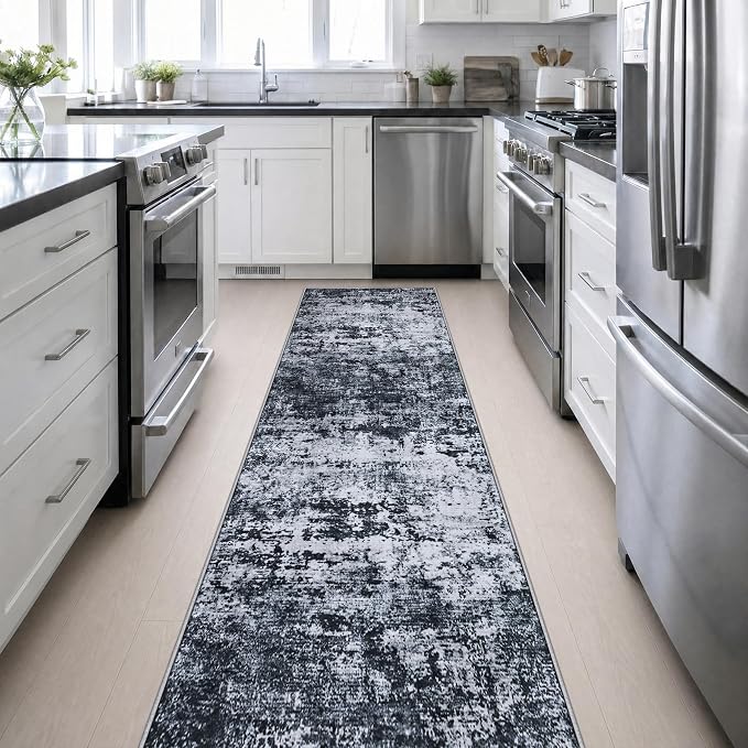 2.6x14 Washable Runner Rug:Modern Abstract Indoor Carpet Black | - Image 5