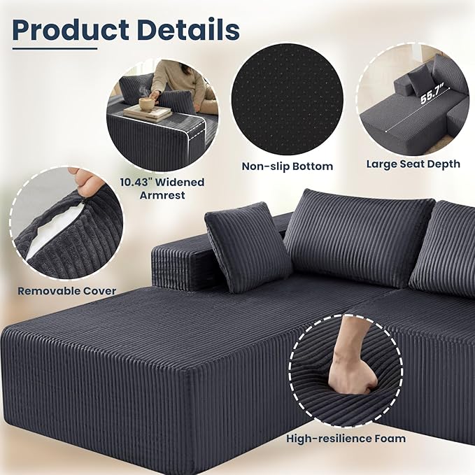DUMOS 108" Boneless Couch, Cloud Sectional Couch - Image 5