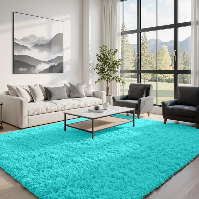 8x10 Fluffy Shag Area Rugs for Living Room Bedroom: Soft Carpet Teal Blue | - Image 3
