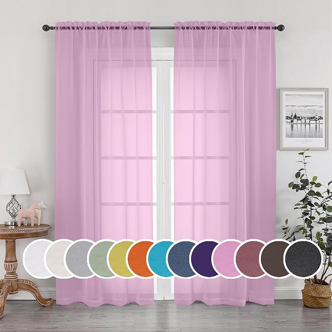 Sheer Curtains Light Pink, Sheer Curtains 63 inches Length 2 Panels Set by OWENIE