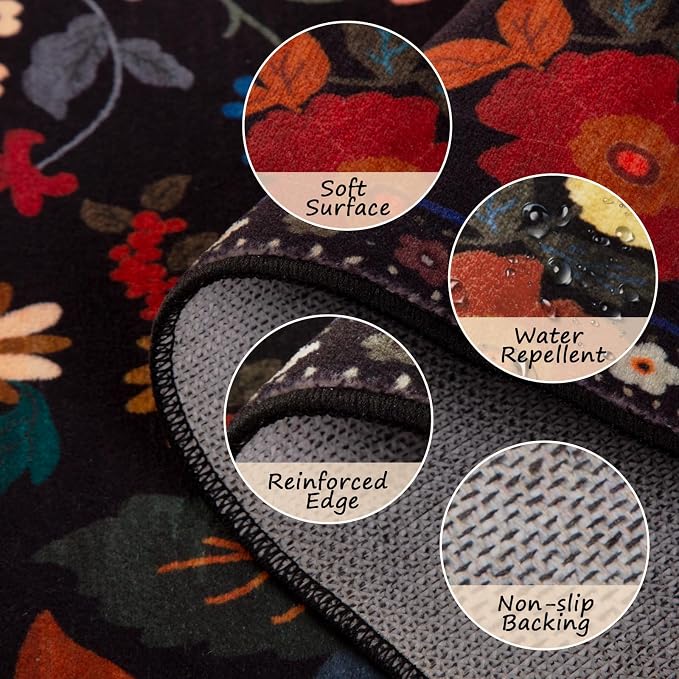 RELEANY Floral Washable 4x6 Area Rugs Black | Flower Carpet Print Boho Cute Non - Image 4