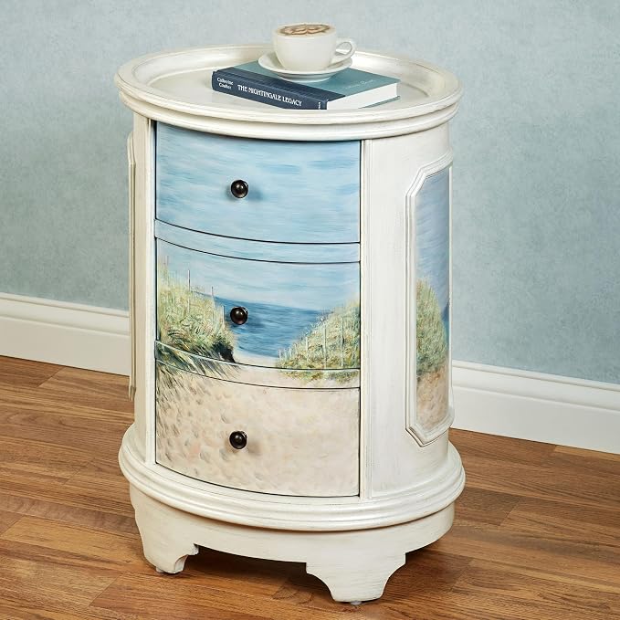 Ocean View Coastal Oval Side Cabinet | Handpainted Beach Scene - Image 2