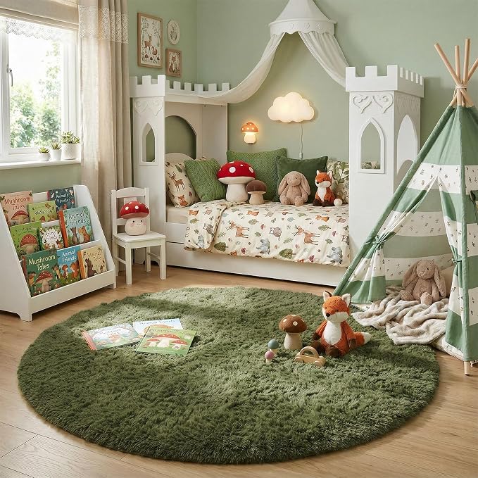 Amdrebio Olive Green Round Shag Area Rug 4Ft - Image 3