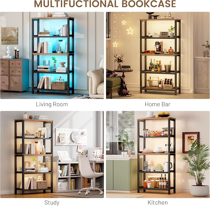 Vlsrka Wooden Bookshelf with Lights, 5 Tier Bookshelf with Storage, Tall - Image 9
