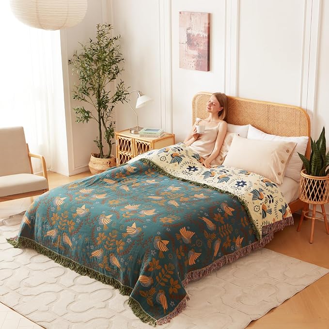 LUTBM Queen Throw Blanket for Bed 100% Cotton Boho Soft Quilt Birds and Floral - Image 5