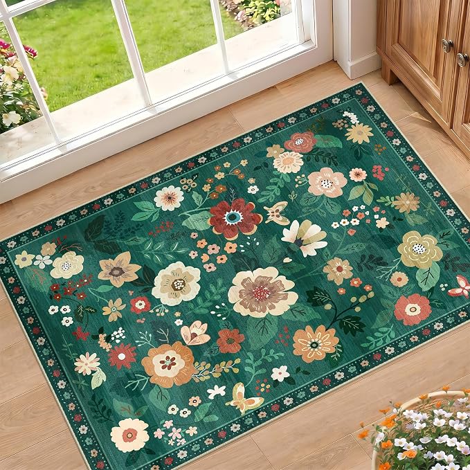 RELEANY Floral Washable 2x3 Area Rugs Doormat DarkGreen | Flower Carpet Print by RELEANY