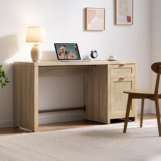 SICOTAS Rattan Home Office Desk, 2 Pieces 59" Boho Executive Desk - Image 7