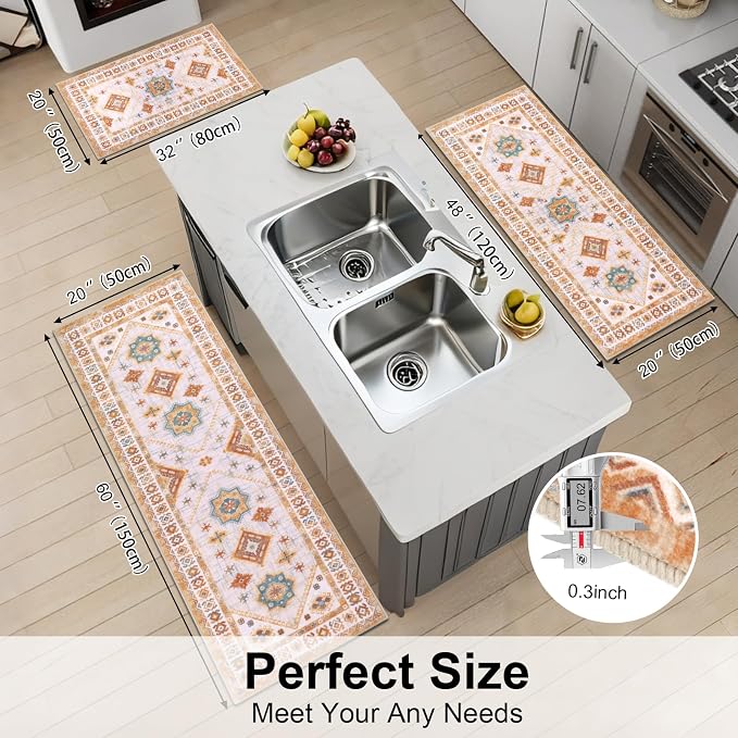 HEBE Boho Kitchen Rugs Set of 3, Non Slip Washable Kitchen Mats - Image 2