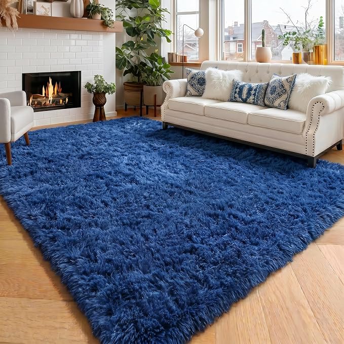 Amdrebio Navy Blue Shag Plush Area Rug 5x8 by Amdrebio