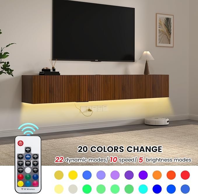 71” Floating TV Stand with LED Lights & Charging Station, Wall Mounted - Image 4