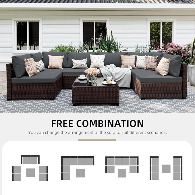 UPHA 7 Pieces Patio Furniture Sets, Wicker Outdoor Sectional Sofa Couch - Image 4