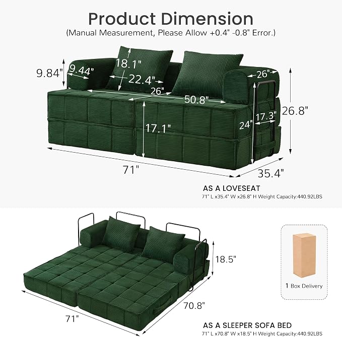 Korser Folding Convertible Sofa Bed, Corduroy Upholstered Boneless Couch - Image 2