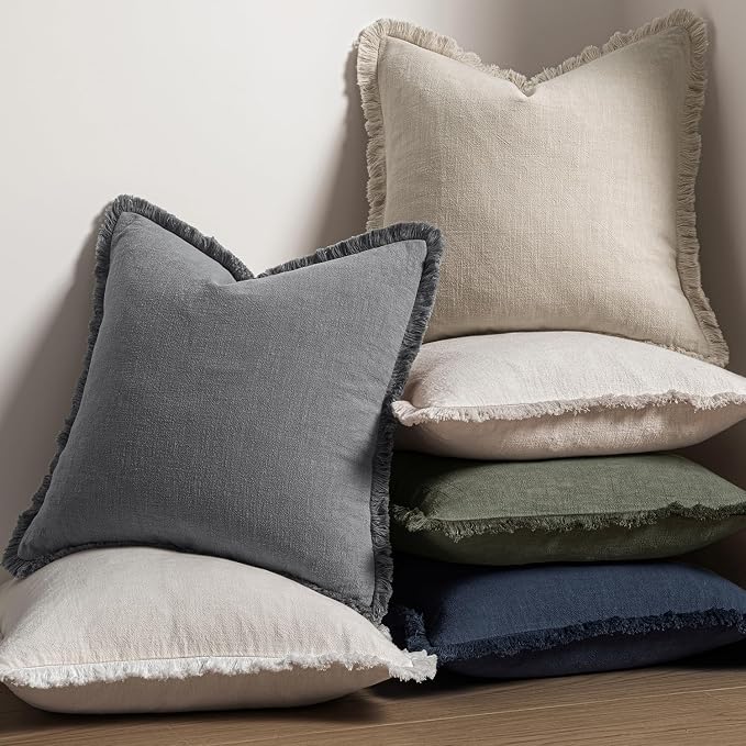MIULEE Boho Linen Fringe Decorative Throw Pillow Covers Grey 18x18 | Set of 2 - Image 5