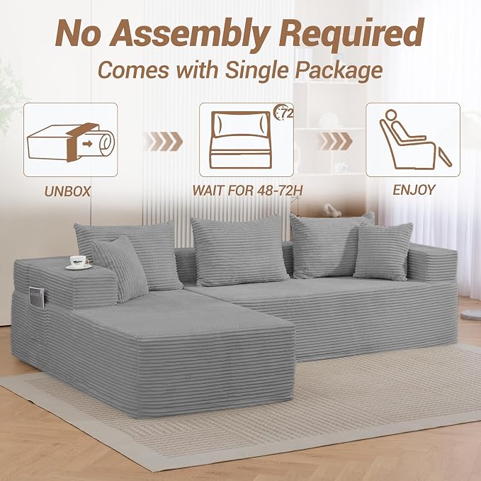 105'' Cloud Sectional Couch, Modular L-Shaped Boneless Sectional Sofa, Corduroy - Image 7