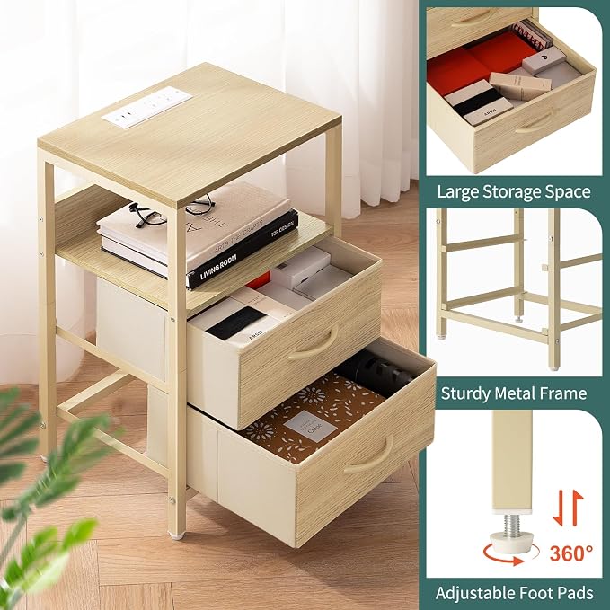 Yoobure Nightstand with Charging Station, Small Night Stand with Fabric Drawers - Image 7