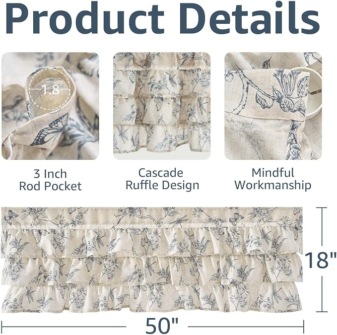 jinchan Ruffled Valance Curtain Linen Floral Kitchen Valance 18 Inch Shabby - Image 5