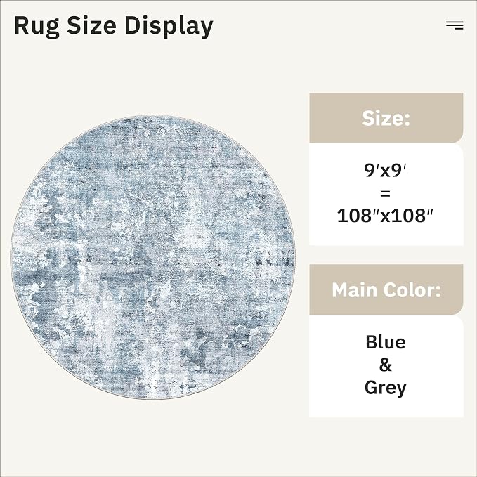 Soalmost Round Rugs 9ft Living Room Circle Area Rug 9x9 Blue/Grey Vintage | - Image 5
