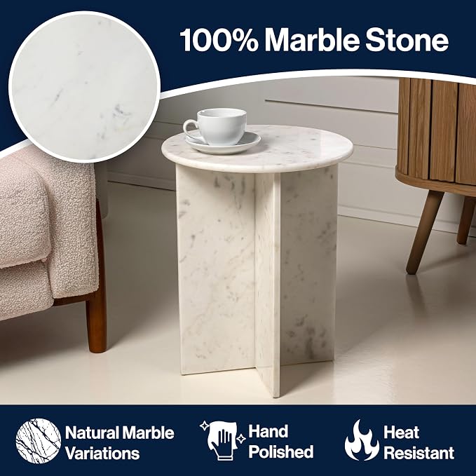 JONATHAN Y Javier Solid White Marble End Table, 17.75" Round Modern Accent Side - Image 5