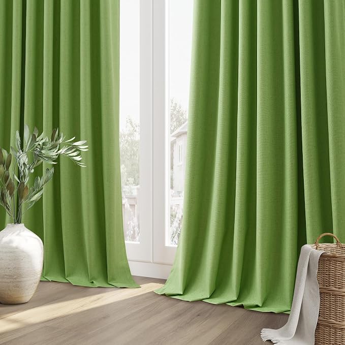 Lime Green 100% Blackout Linen Curtains 108 Inch Length 2 Panels Set - Image 8