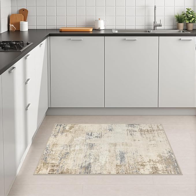 2x3 Washable Entryway Rug: Modern Abstract Soft Carpet Beige Brown | - Image 4