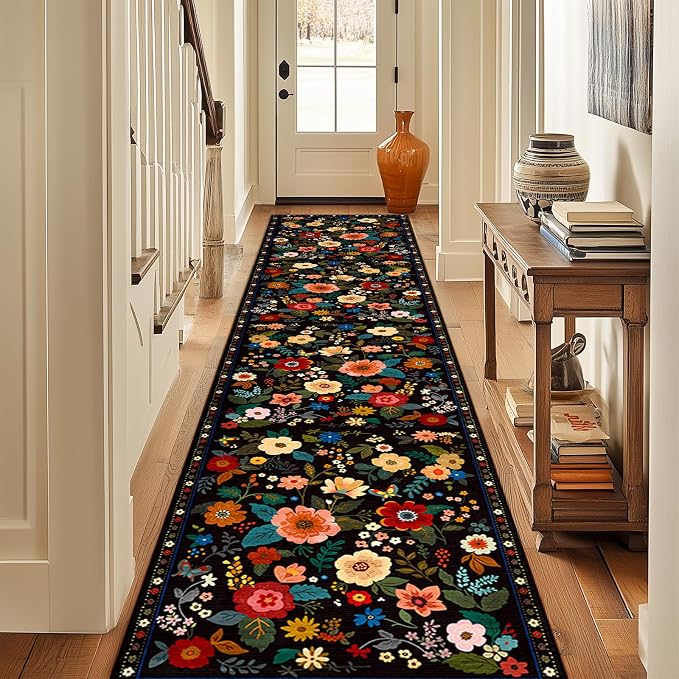 Floral Washable 2x10 Area Rugs Runner Entryway Hallway Black | Flower Carpet - Image 8