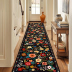 Floral Washable 2x10 Area Rugs Runner Entryway Hallway Black | Flower Carpet - Image 8
