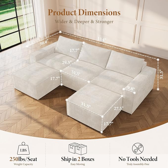 Vesgantti 114" Boneless Modular Sectional Sofa, Modern U Shaped 5 Seater Couch - Image 2