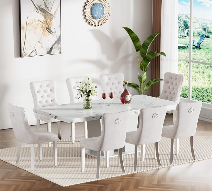 Henf 9 Pieces Faux Marble Dining Table Set - Image 3