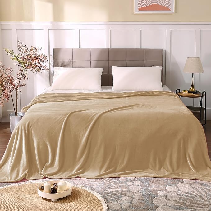 BEDELITE Fleece Blanket Soft Plush Queen Bed Blanket Light Camel 90"x90" | - Image 3