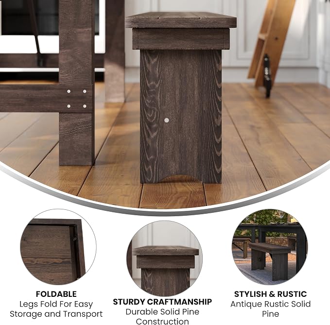Flash Furniture HERCULES 40" x 12" Folding Farm Bench, Solid Pine Entryway - Image 4