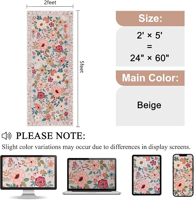 DUKINO 2x5 Runner Rug, Floral Washable Rug - Image 2