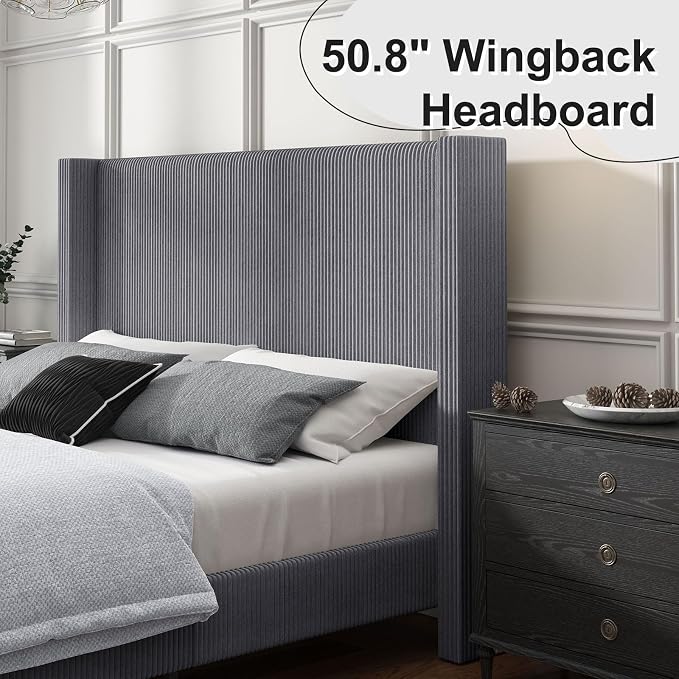 HOWE Queen Size Bed Frame with 50.8" Tall Wingback Headboard, Modern Corduroy - Image 5
