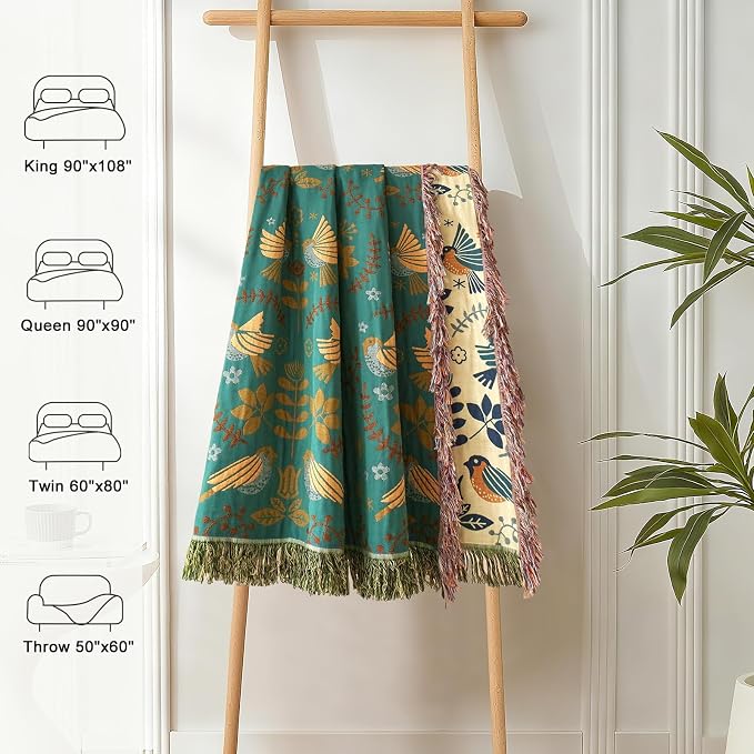 LUTBM Boho Throw Blanket for Couch 100% Cotton Soft Birds and Floral Double - Image 6
