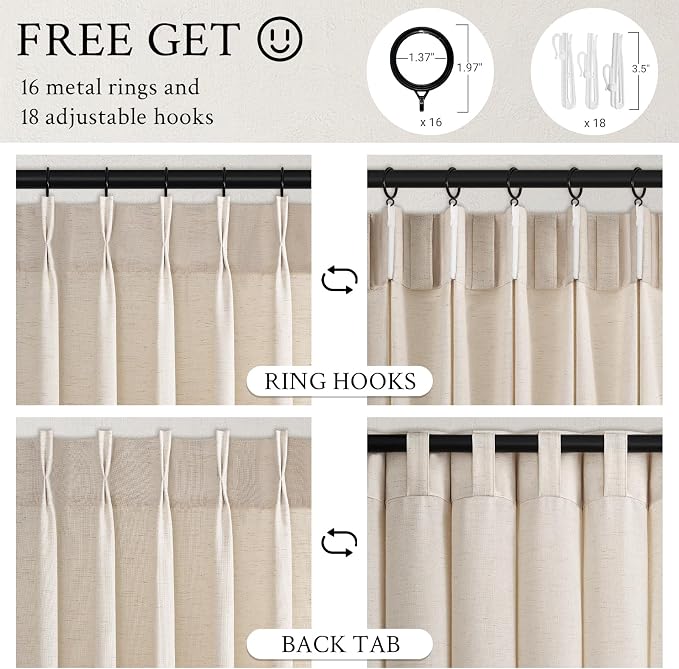 Topfinel 105 Inch Curtains 2 Panels Set, Two Packs Pinch Pleat Back Tab Linen - Image 6