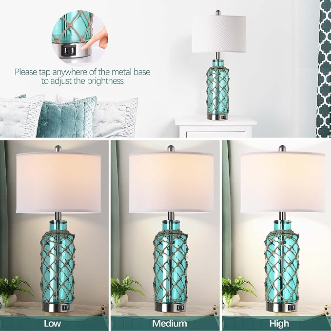 Cottage Nautical Accent Table Lamp Set of 2, Touch Control Coastal Blue Green - Image 3