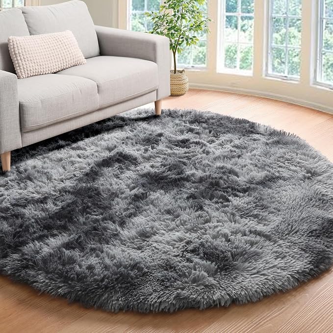 Tie-Dyed Dark Grey Round Area Rug 4ft, Ultra Soft Bedroom Circle Rugs - Image 5